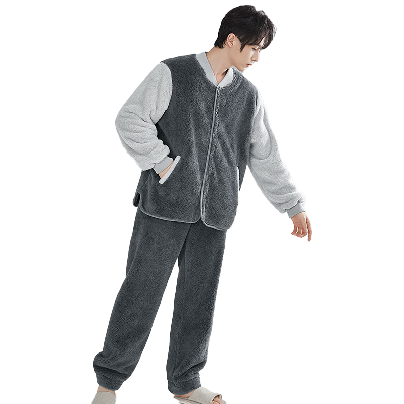 猫人 男士睡衣男珊瑚绒加厚棒球领家居服可外穿套装25 69.5元