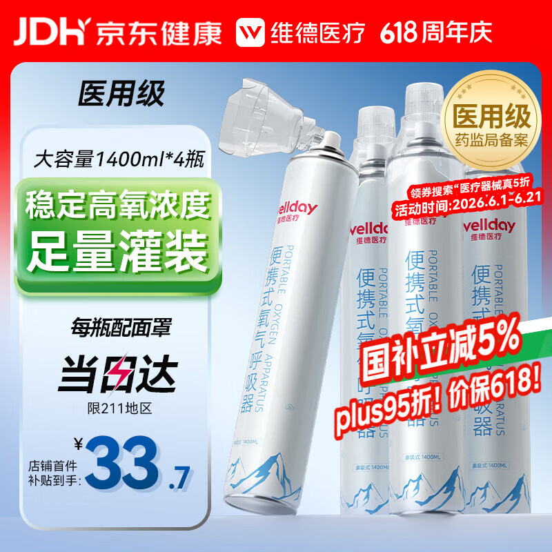 PLUS会员：维德 氧气瓶便携式供氧器孕妇老人吸氧机高原应急旅游氧气罐1400m