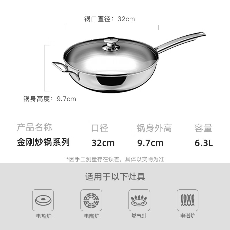 WMF 福腾宝 无涂层不锈钢炒锅 32cm 316元