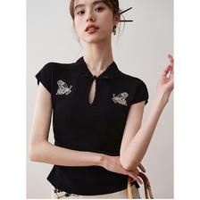 HUAAPPUW 画朴 新中式黑色蝴蝶短袖T恤女装2024夏季新款刺绣盘扣国风上衣潮 67.