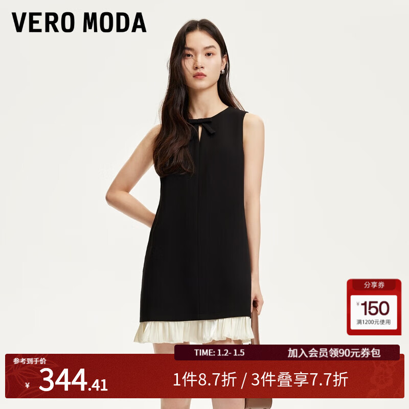 VERO MODA VEROMODA连衣裙女2024早秋赫本风法式蝴蝶结柔纱拼接无袖小黑裙 黑色 1