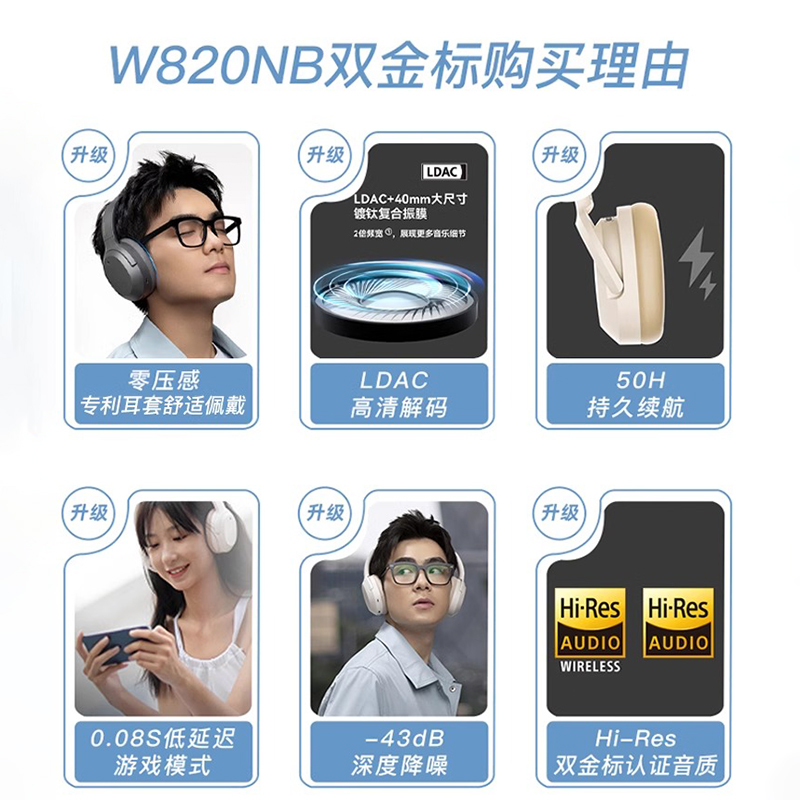 漫步者 W820NB双金标蓝牙耳机主动降噪运动音乐 289.89元