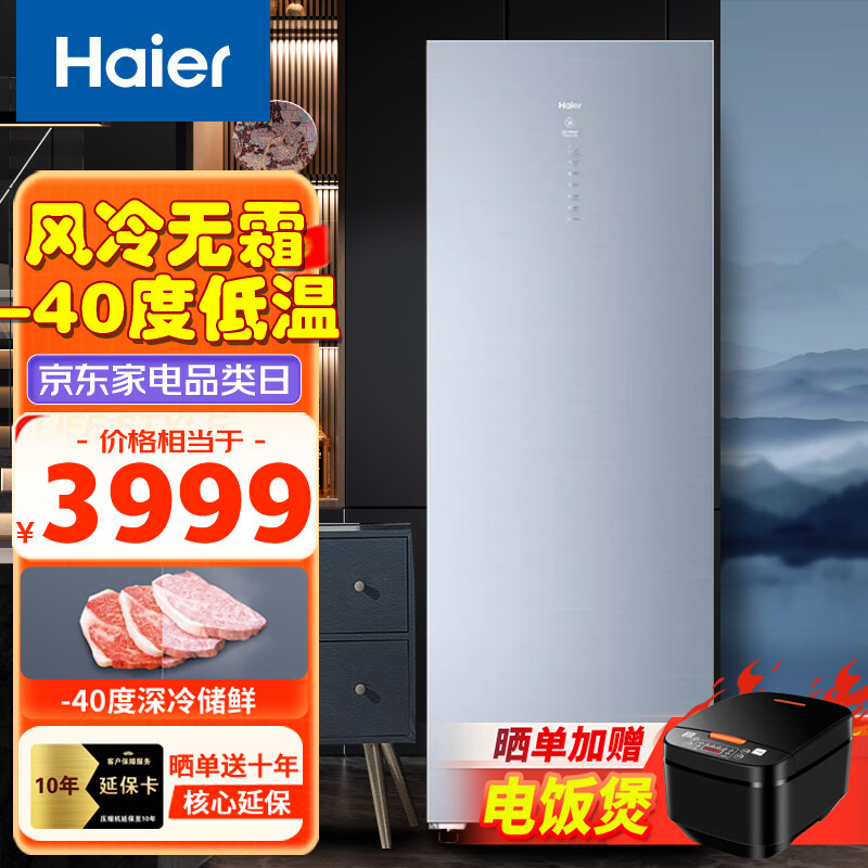 Haier 海尔 立式冰柜家用226升一级能效双变频-40度超低温WIFI智联冷藏冷冻两