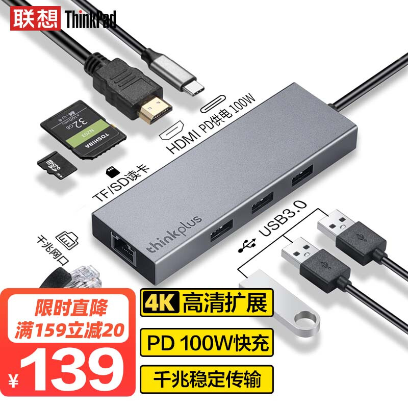 ThinkPad 思考本 联想 Type-C扩展坞 USB-C转HDMI转接头 分线器 千兆网口 华为苹果