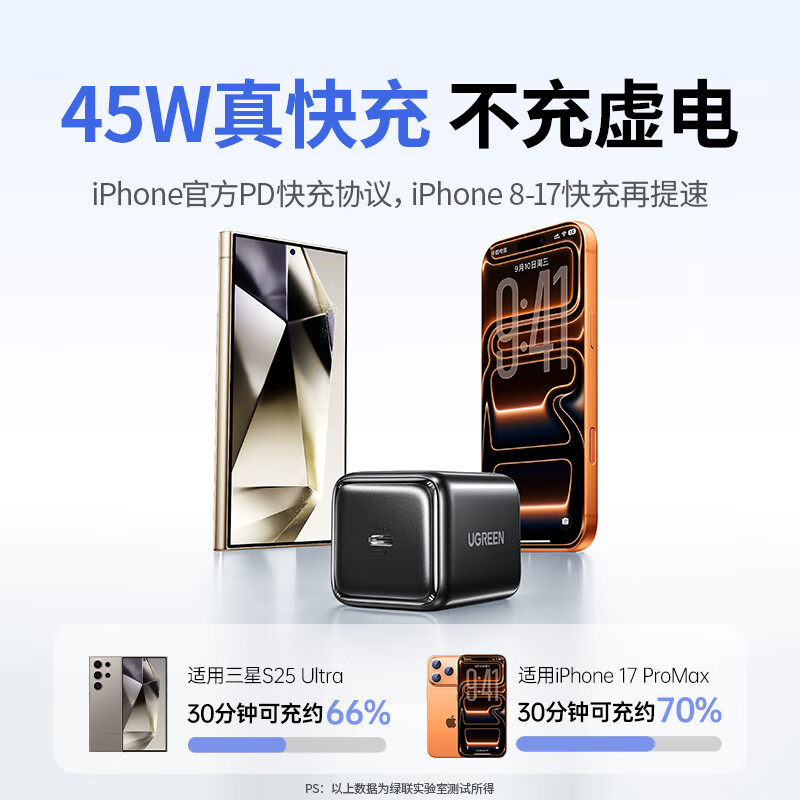 绿联 45w冰速充电器适用苹果17充电头氮化镓Type-C快充iphone16/15ProMax华为三星