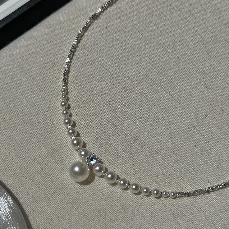 无 钻碎银子珍珠项链女设计感锁骨链轻奢小众颈链 AL -021 闪钻珍珠碎银项链