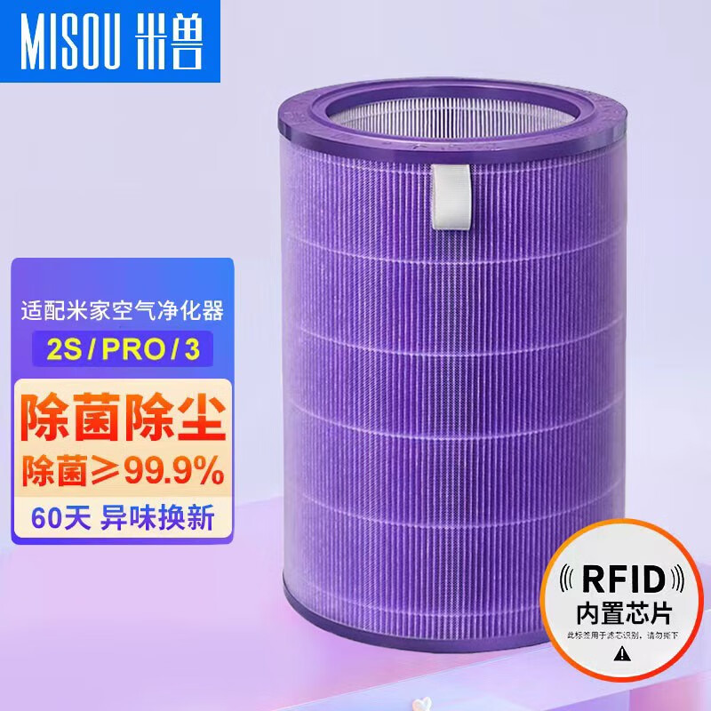 MISOU 米兽 适配小米空气净化器滤芯Pro H 2S Pro123代除甲醛除尘滤芯 除尘除菌