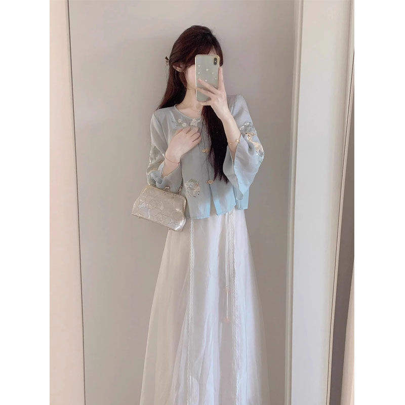 新中式国风改良汉服衬衫女夏季2024新款时尚甜美设计感高腰半身裙 37.91元（