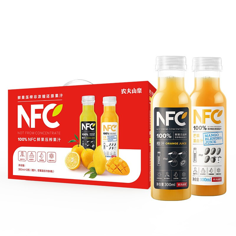 农夫山泉 100%NFC果汁饮料 300ml*12瓶（6瓶橙汁+6瓶芒果混合汁）缤纷礼盒 50.55元（需用券）