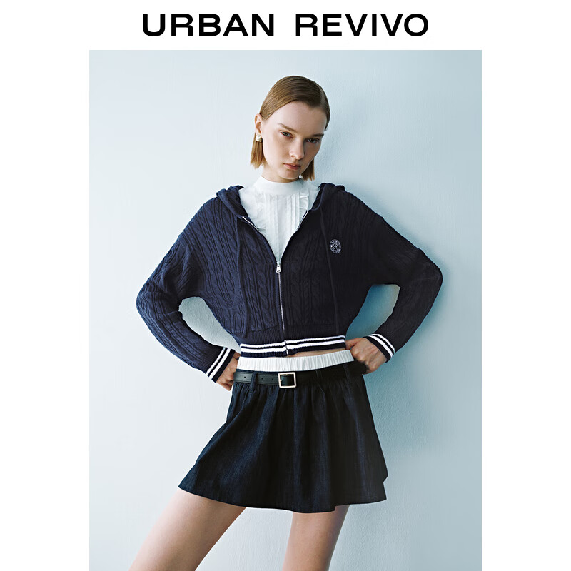 URBAN REVIVO UR2024秋季女装学院减龄条纹连帽针织衫UYY940017 宝蓝 S 379元（需用