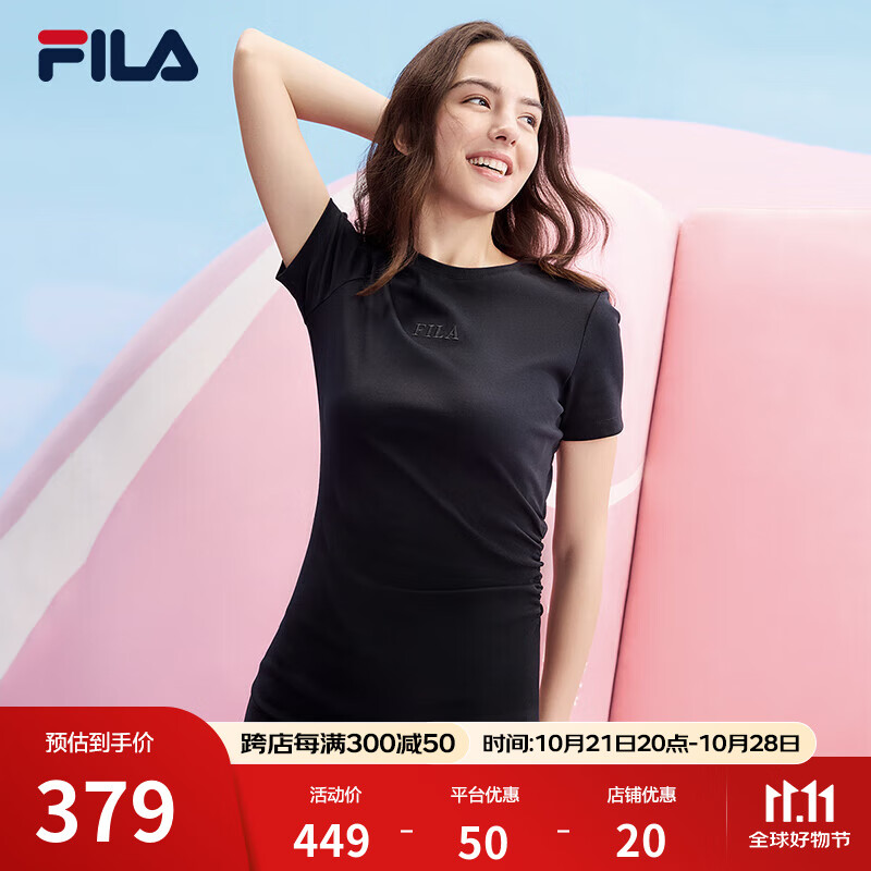 FILA 斐乐 女子微弹修身针织连衣裙2024夏季时尚休闲裙 正黑色-BK 170/88A/L 379元