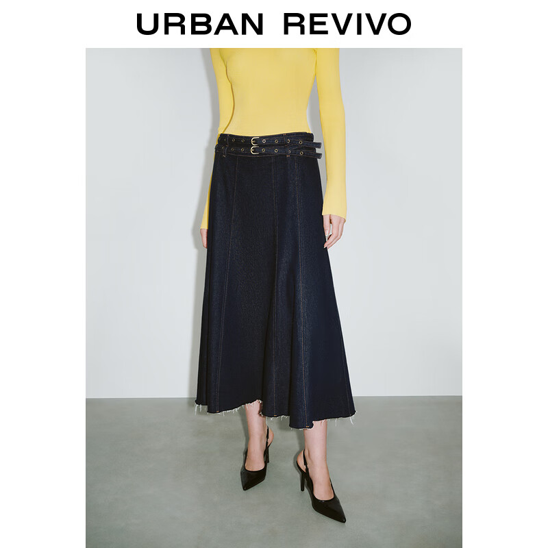 URBAN REVIVO UR2024秋冬女装复古港风双腰带中长款牛仔半裙UWG840251 蓝色 XXS 319元