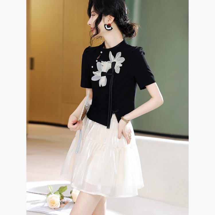 DME JEANS 新中式国风套装女夏季旗袍改良设计感花朵拼接上衣半身纱裙两件套