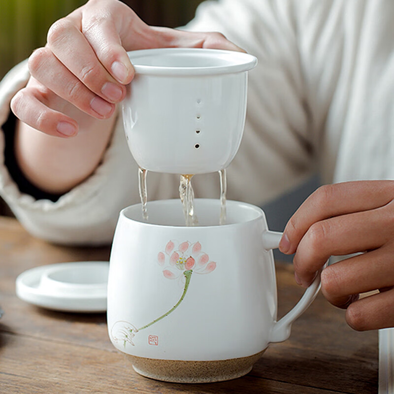 束氏 茶水分离杯陶瓷杯带盖泡茶杯过滤水杯茶具办公功夫茶杯 手绘佛手莲