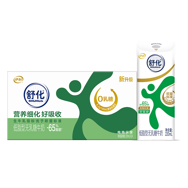 伊利 减少65%脂肪 低脂型 无乳糖牛奶 220ml*24盒 47.4元（需买2件，共94.8元）