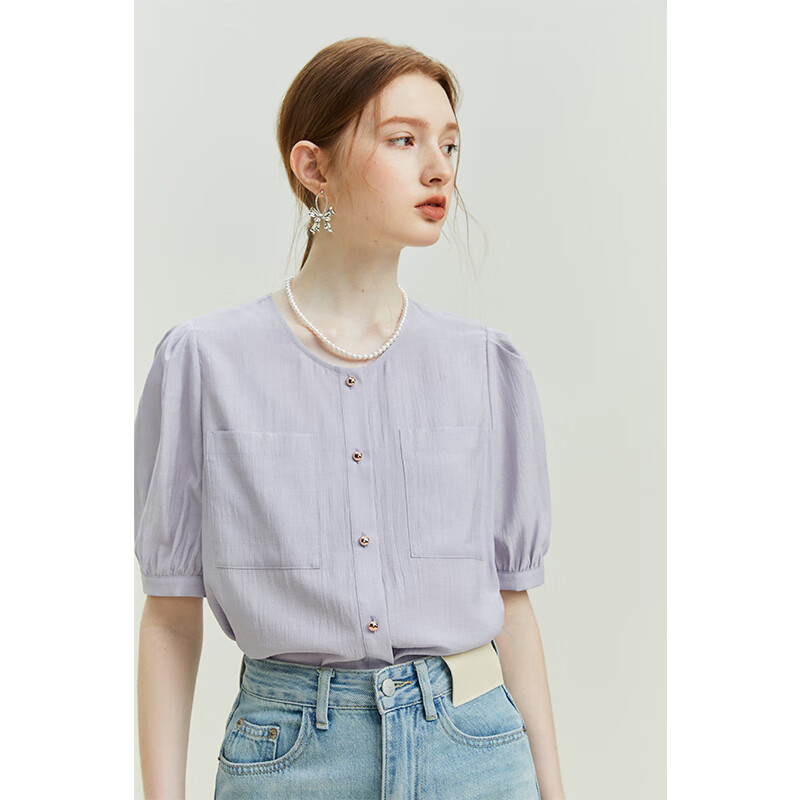 范思蓝恩 23FS12612圆领短袖衬衫，女，夏季新款绝美上衣法式气质 风信紫 S 15