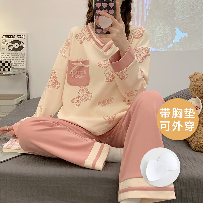 FENTENG 芬腾 带胸垫睡衣女士长袖棉质卡通可外穿家居服套装 62元（需用券）