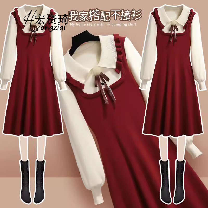 宏资琦 针织连衣裙女装秋冬2023年新款小个子穿搭新年衣服配红色打底裙子 