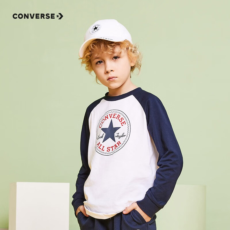 CONVERSE 匡威 儿童长袖t恤秋季新款纯棉上衣拼接色中大童经典圆标休闲打底