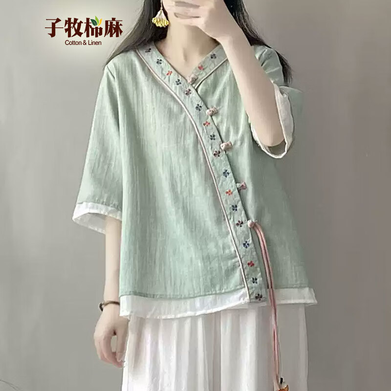 子牧棉麻 女士中国风衬衫 Z24CA001154 59元（需用券）