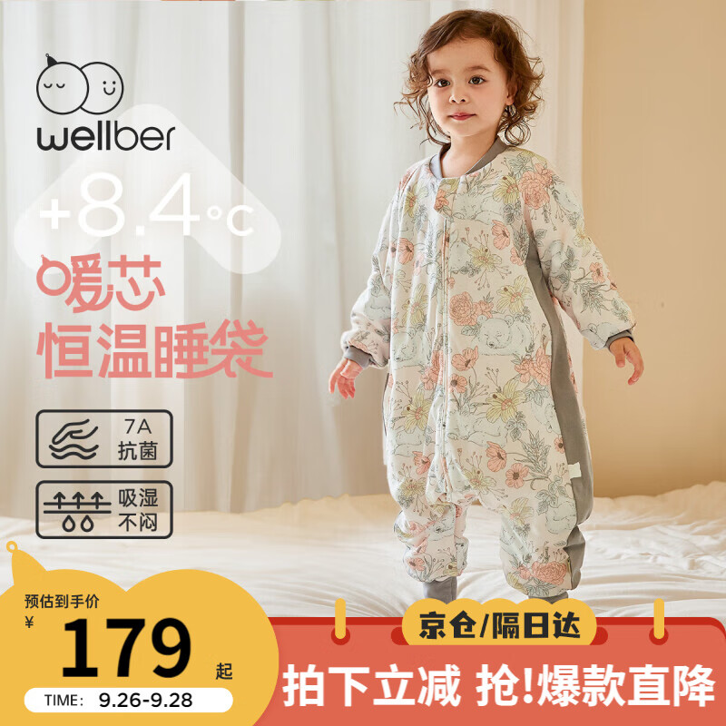 Wellber 威尔贝鲁 睡袋婴儿秋冬恒温竹棉睡衣儿童宝宝防踢被子薄夹棉 晚安宝