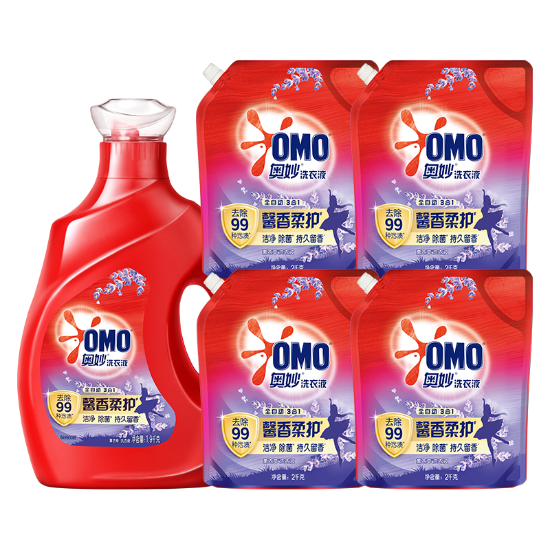 奥妙 全自动含金纺薰衣草护衣洗衣液 1.9kg*1瓶+2kg*4袋 花香型 59元