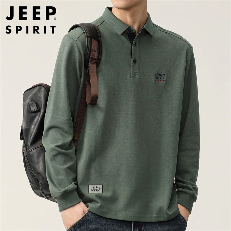 JEEP SPIRIT吉普长袖T恤男秋季男装翻领男打底衫纯色宽松上衣服 豆绿 L 94.1元