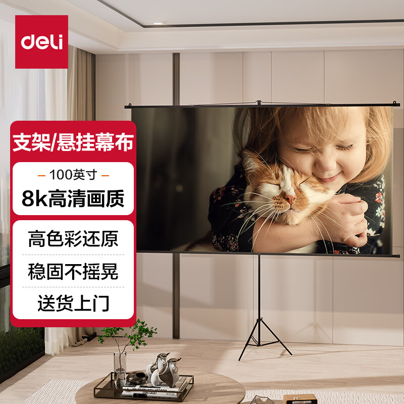 deli 得力 100英寸16:9支架挂壁两用光子幕布 轻享8K超清免打孔家用投影幕布 