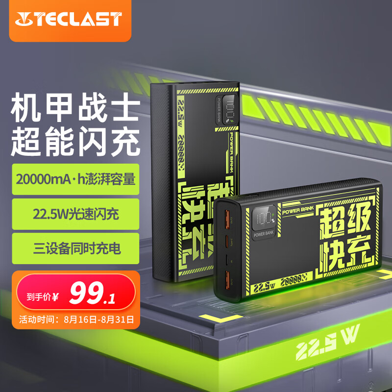 Teclast 台电 20000mAh移动电源 PD 22.5W 73.61元（需用券）