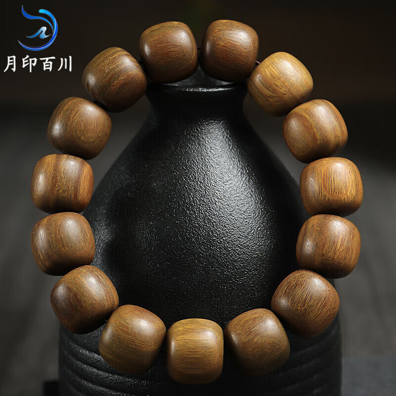 月印百川 绿檀木手串男款高油高密桶珠单圈佛珠文玩手链约15mm 36.15元