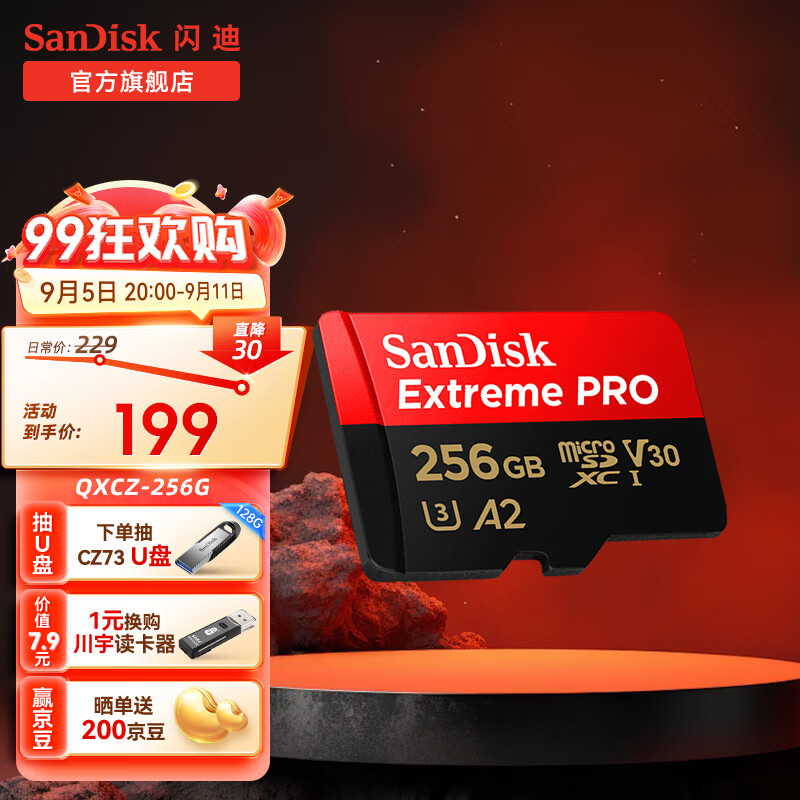 SanDisk 闪迪 Extreme PRO 至尊超极速系列 Micro-SD存储卡 256GB (UHS-I、V30、U3、A2) 199