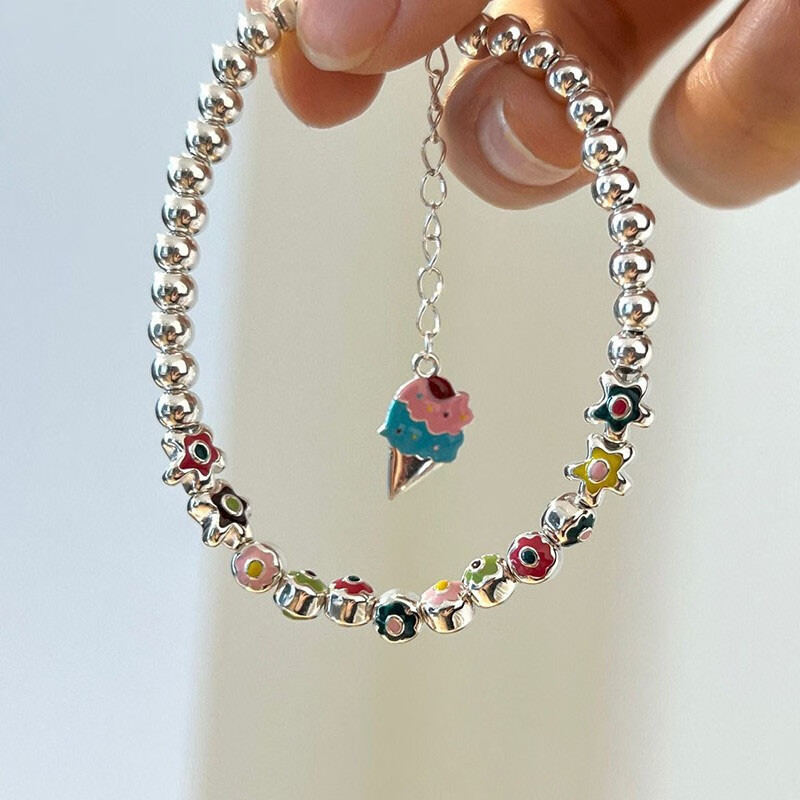 彩虹涂鸦花朵手链多巴胺夏日串珠女彩色银珠手串手饰韩国小众设计券后