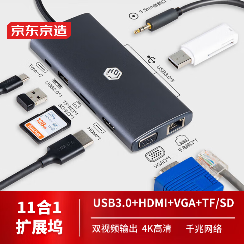 京东京造 JZHUB-C11 Type-C扩展坞HDMI+VGA双视频输出口 PD100W快充11合1多功能便携 
