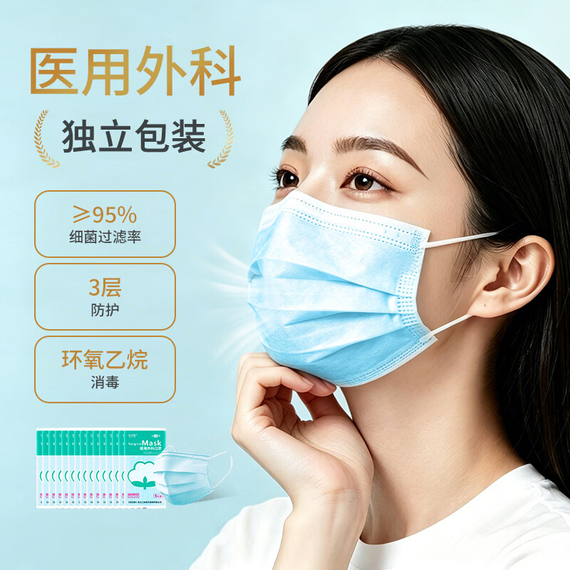 QJMDM 一次性医用口罩独立包装白色挂耳式成人三层防护灭菌盒装口罩 1只/袋