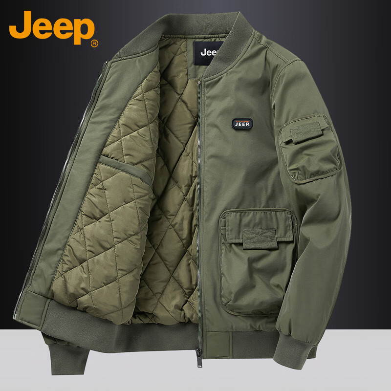 Jeep 吉普 外套男士夹克秋冬季休闲工装加棉加厚保暖潮流衣服男装 军绿 XL 32