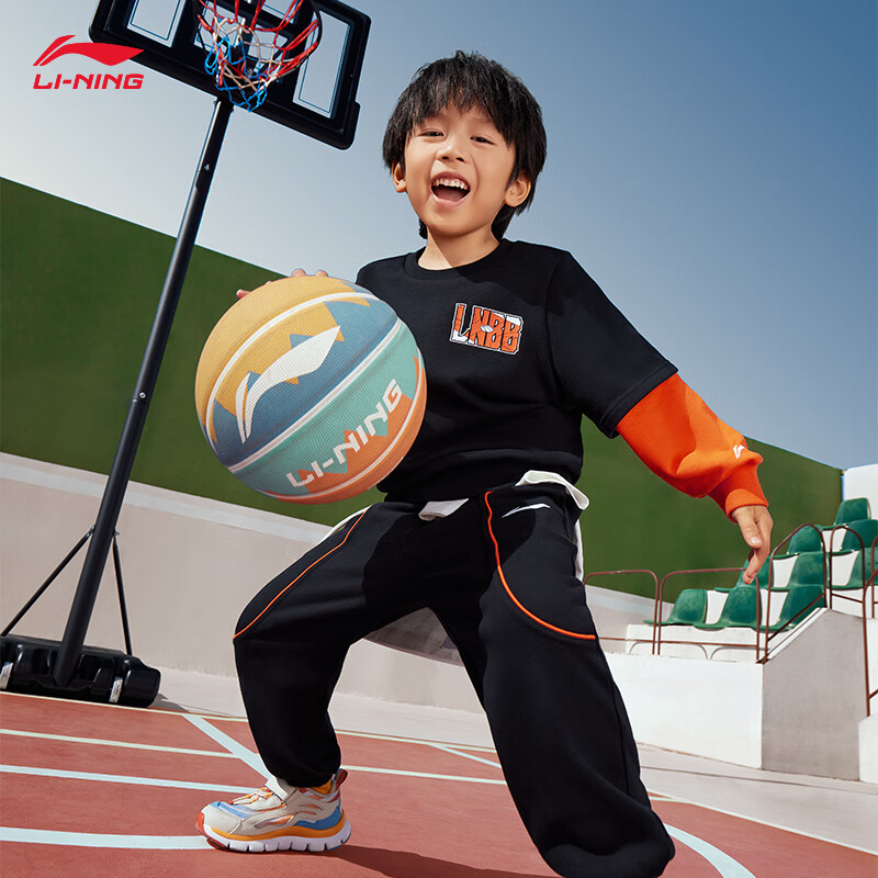 LI-NING 李宁 童装卫衣卫裤套装男小大童篮球系列撞色束脚套头圆领运动套装 