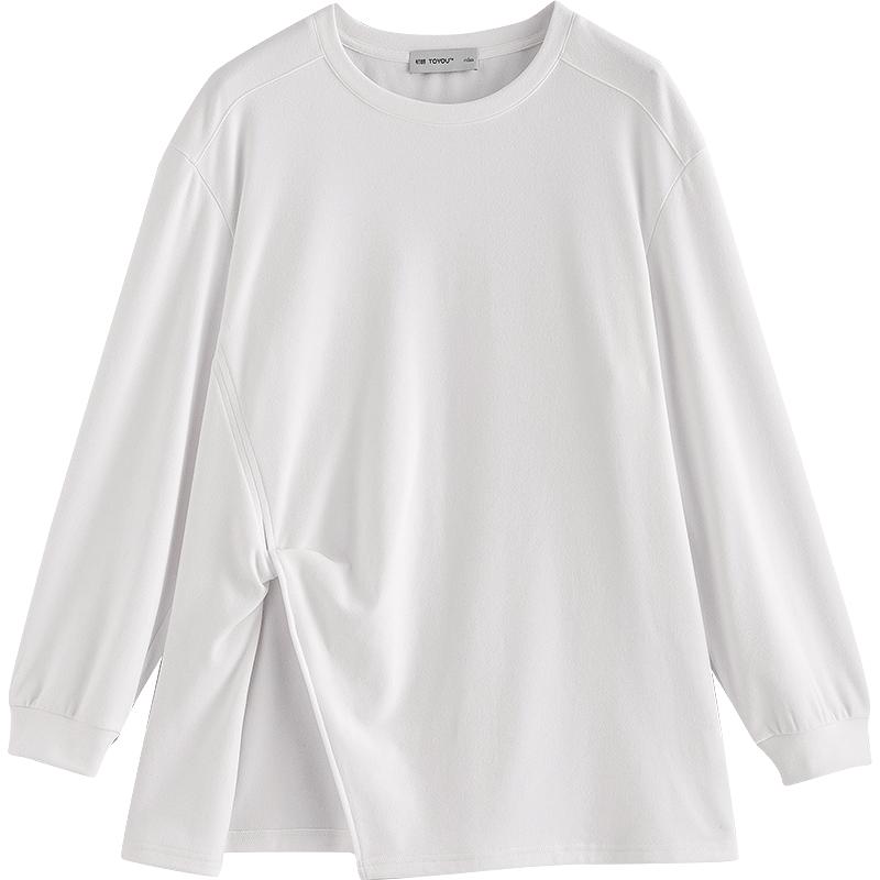 初语 T恤女2025冬季宽松纯色设计感扭结高开叉舒绒保暖上衣 米白色 M 88元（