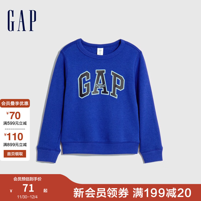 Gap 男幼童秋冬款LOGO抓绒运动卫衣747829儿童装休闲上衣 蓝色 110cm(4岁)尺码偏