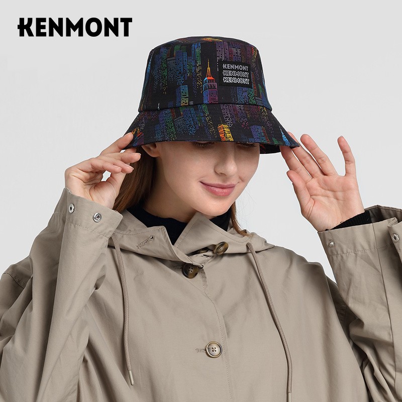 KENMONT 卡蒙 春秋棉质印花韩版百搭渔夫帽女显脸小速干盆帽街头潮km-5196黑色