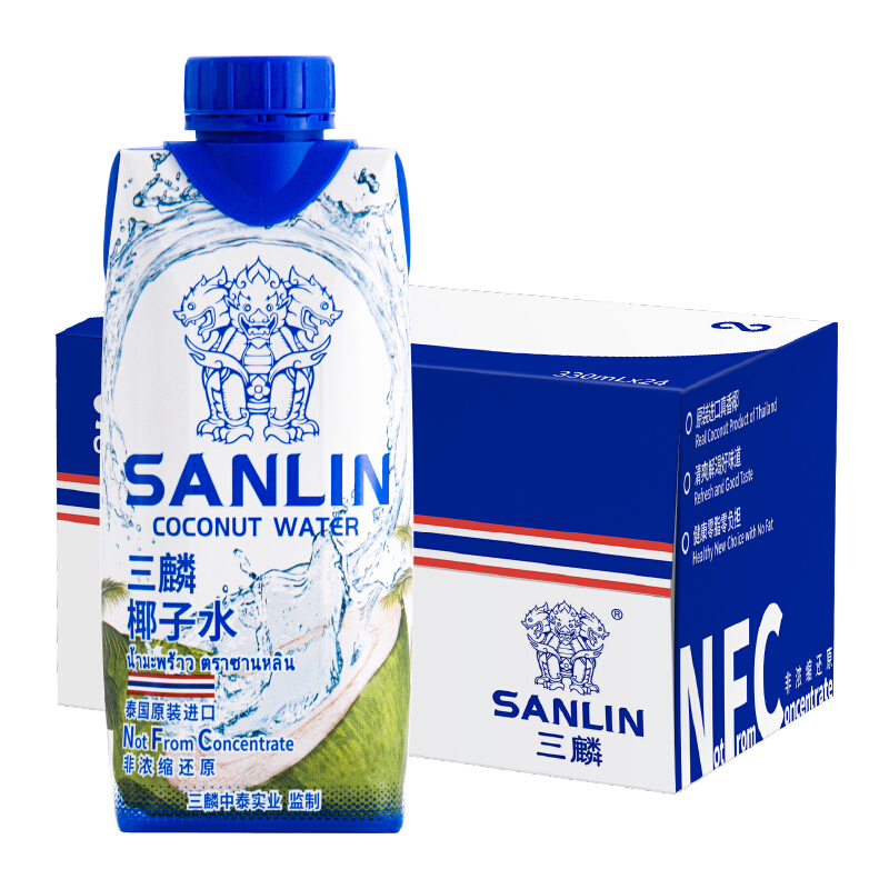 SANLIN 三麟 100%椰子水 富含天然电解质 泰国进口NFC椰青果汁330ml*12瓶 整箱 35.9