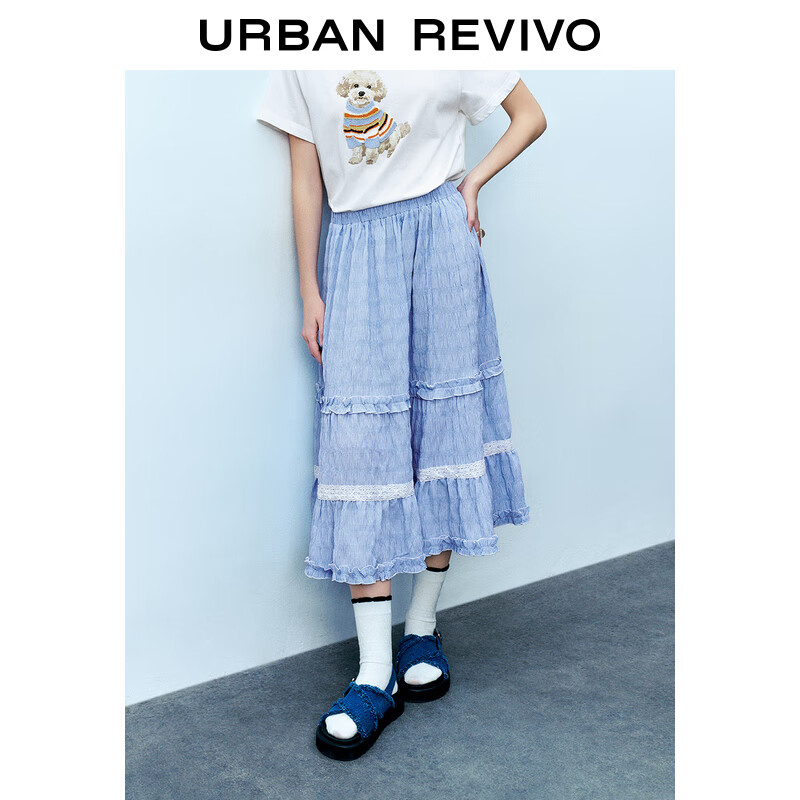 URBAN REVIVO UR2024秋季女装休闲少女感格纹蕾丝花边半裙UYU540003 中蓝格子 M 349