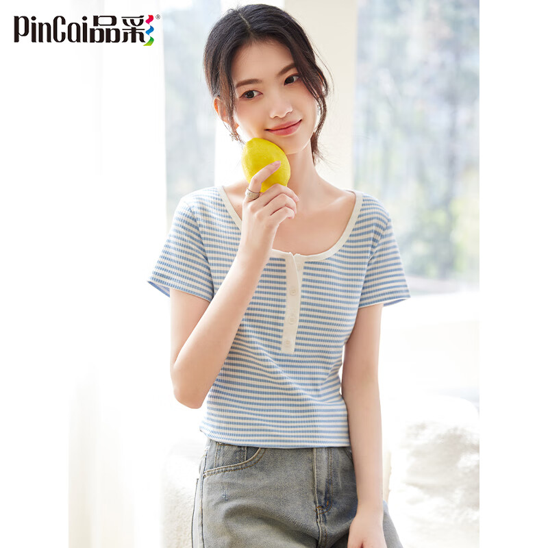 PinCai 品彩 甜美条纹短袖T恤女夏设计感小众纽扣圆领修身上衣 P131T1940 33.75元
