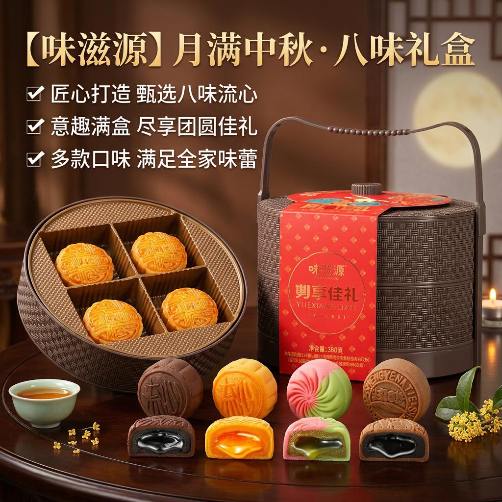 味滋源 月饼礼盒8枚8种口味2层提篮月饼中秋礼盒 月享佳礼-2层提篮礼盒( 8饼