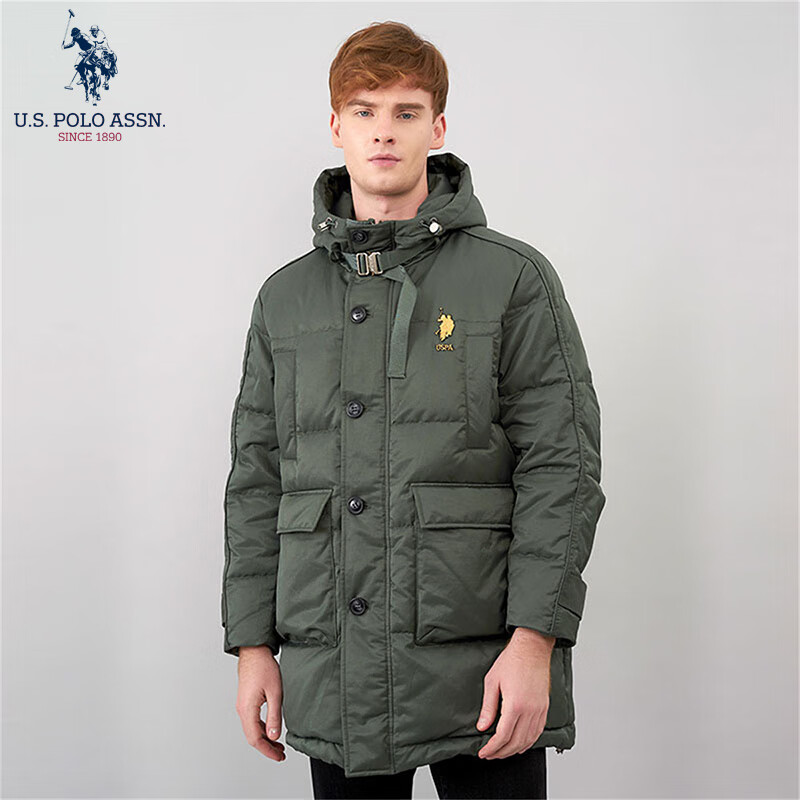 U.S. POLO ASSN. 美国马球协会 保罗羽绒服男中青年外套连帽冬季保暖白鸭绒工装外套男百搭男装 墨绿7027 M 59元