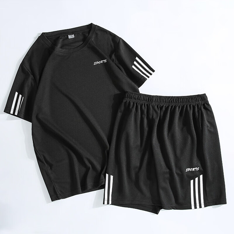苏奈雪 跑步运动套装男夏季新款休闲短袖短裤两件套 黑色 3XL 68元（需用券