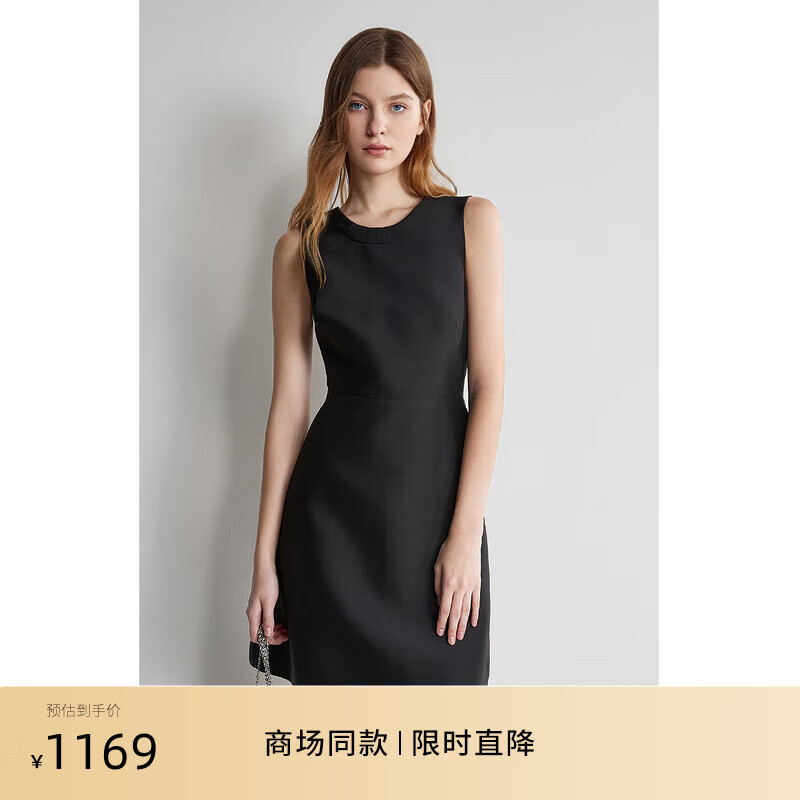 ochirly 欧时力 丝光小黑裙2024新夏白裙短款礼服无袖连衣裙 黑色 L 1161元（需