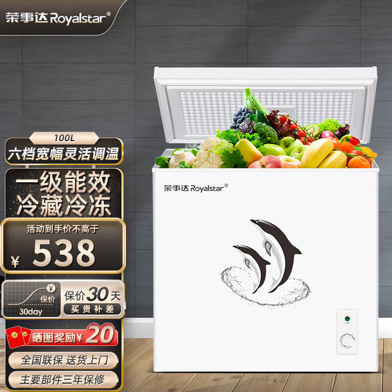 Royalstar 荣事达 冰柜家用中小型 冷藏冷冻转换柜商用卧式全冷冻冰箱 一级能