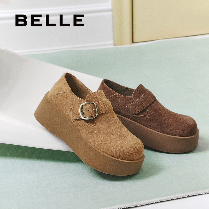 移动端、年货大集：百丽 千层可颂厚底增高勃肯鞋冬季加绒乐福毛毛单鞋雪