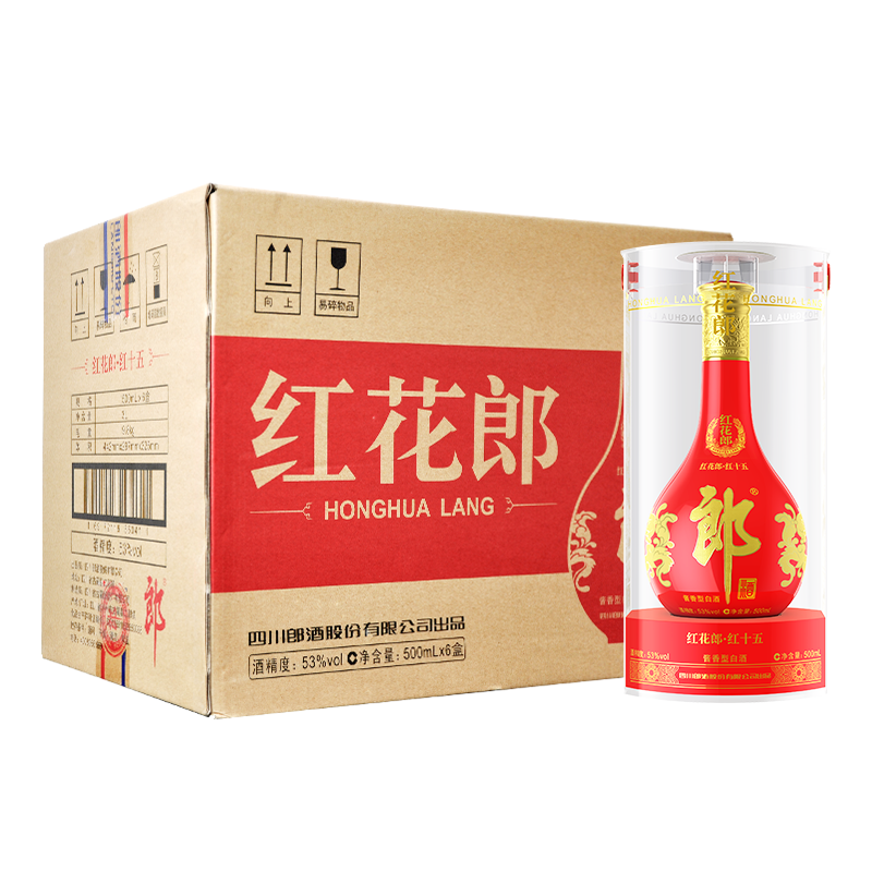 PLUS会员、首单礼金：郎酒 红花郎15 酱香型 高度白酒 53度 500ml*6瓶 整箱装 264