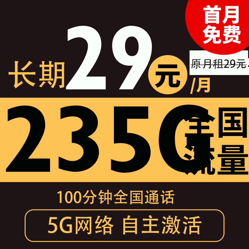 中国电信 长期粤星卡 长期29月租（235G全国流量+100分钟通话+自主激活）激活